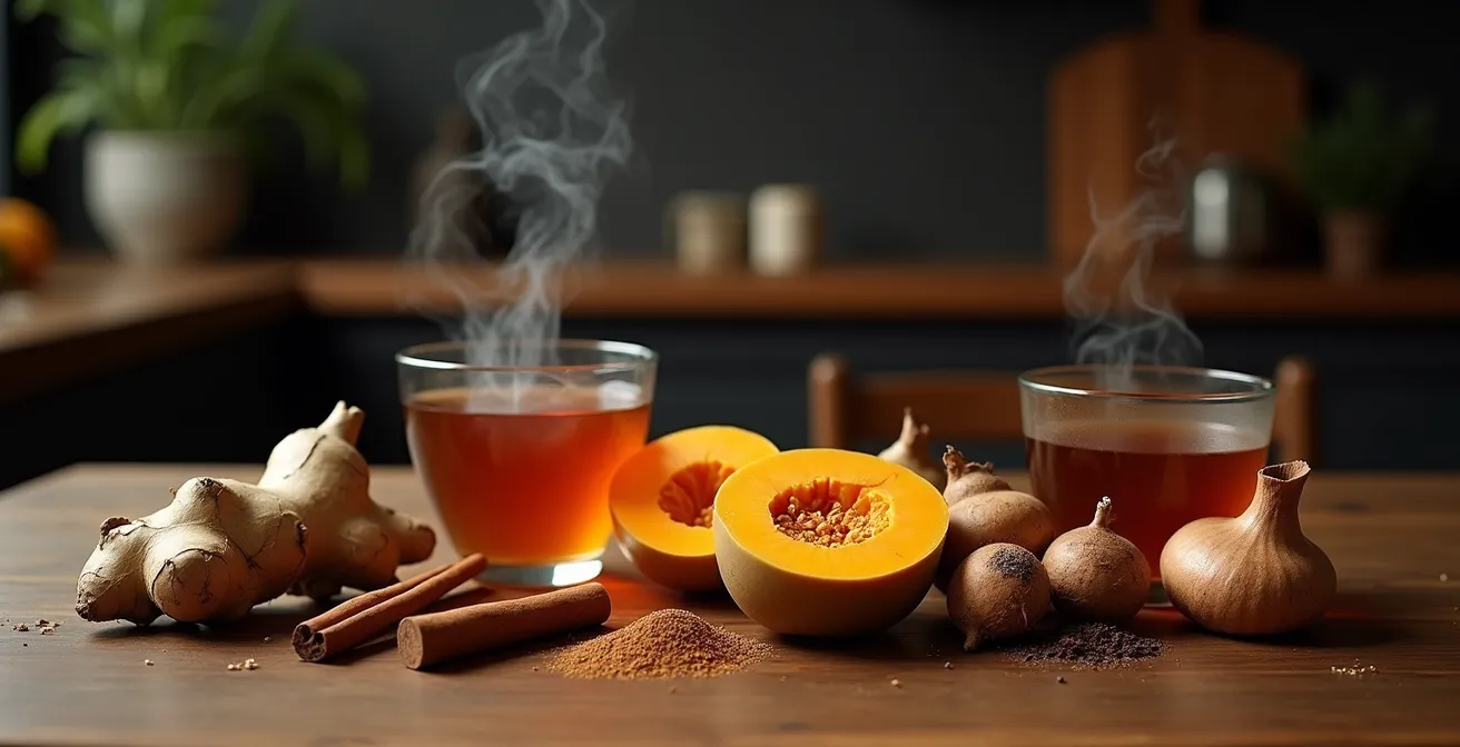 Nature morte d'aliments d'hiver réchauffants disposés sur une table rustique