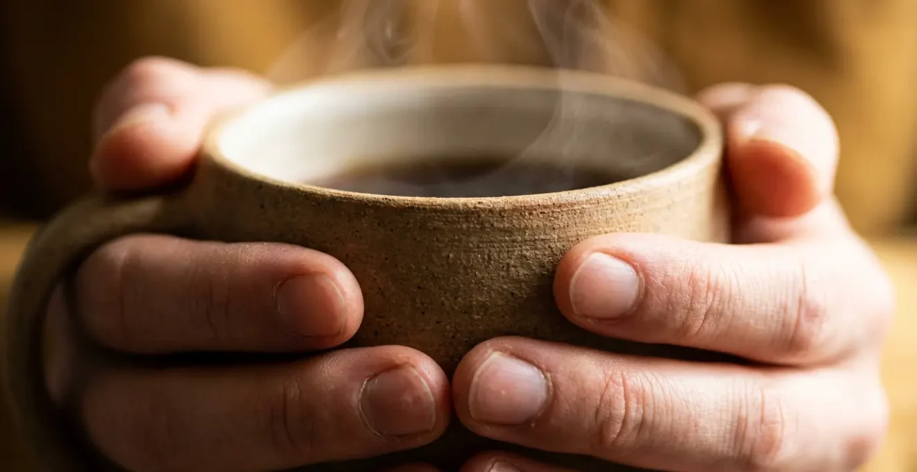 Mains tenant une tasse chaude avec vapeur suggérant les sensations multiples