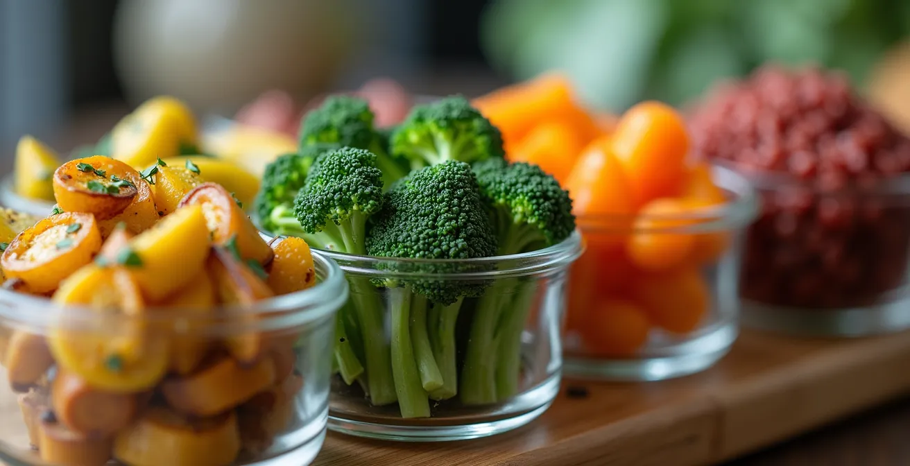 Vue plongeante sur un plan de travail avec contenants en verre remplis de préparations de base colorées