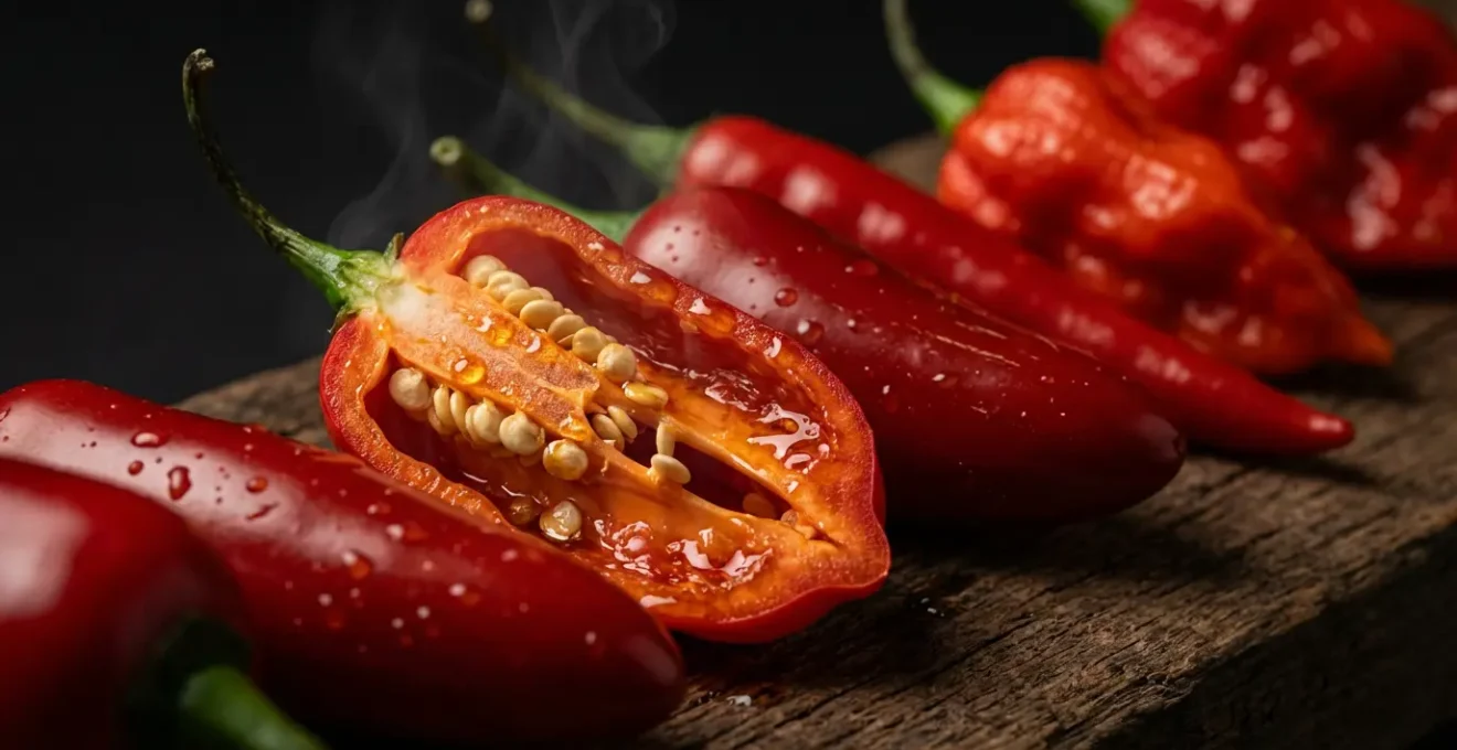 Gros plan sur des piments rouges frais avec effet de chaleur visuelle suggérant l'activation des récepteurs