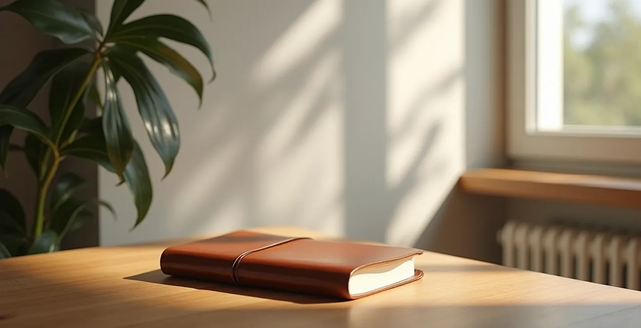 Vue large d'un espace d'écriture minimaliste avec carnet fermé sur bureau en bois