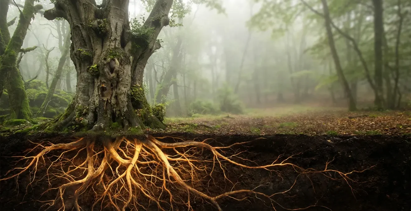 Vue d'ensemble d'un arbre aux racines profondes révélant la complexité des maladies chroniques