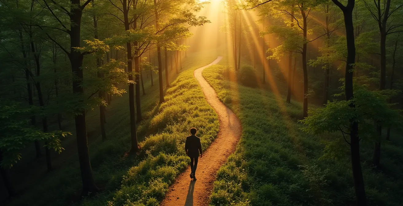 Vue aérienne d'une personne marchant sur un chemin sinueux dans la nature, créant une métaphore visuelle du parcours neuronal