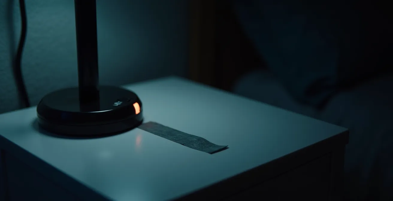 Chambre plongée dans l'obscurité avec détail sur des LED masquées, ambiance nocturne apaisante