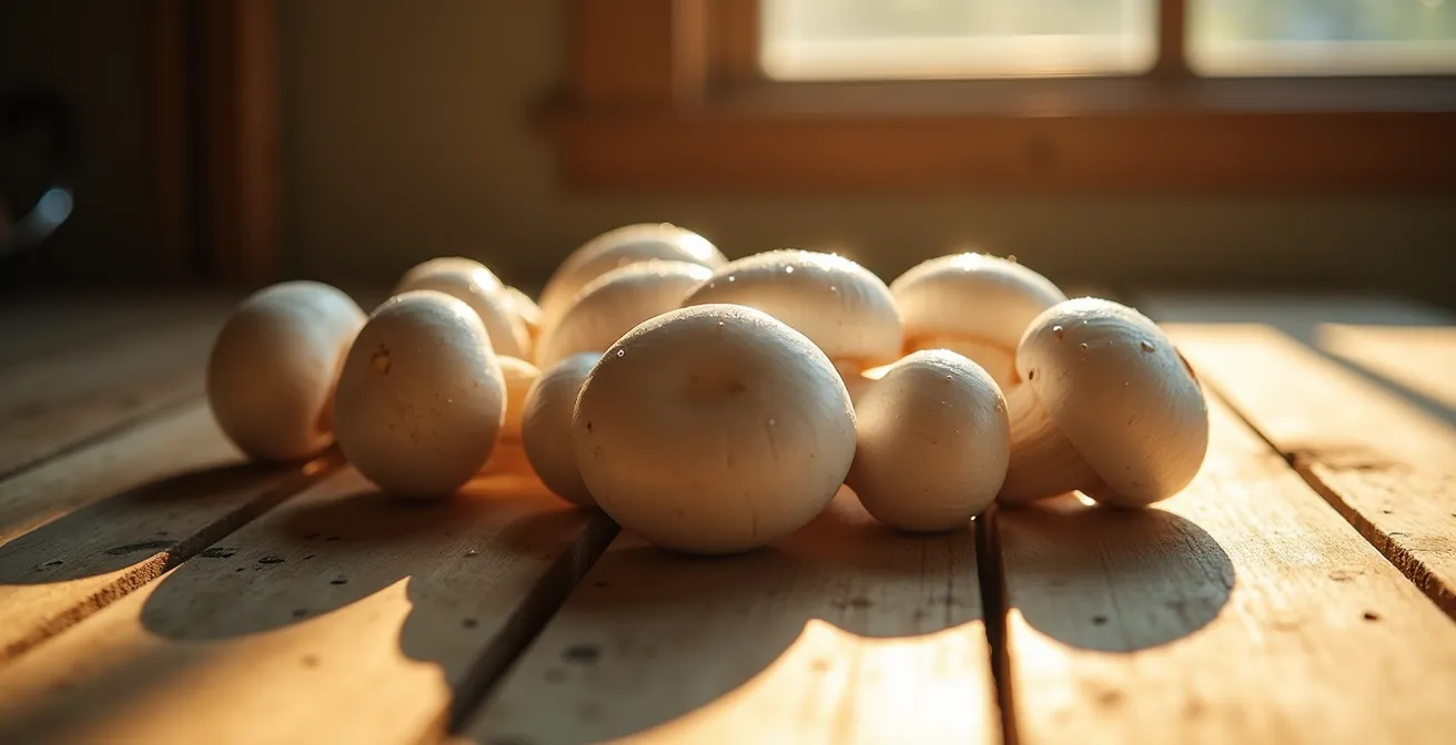 Champignons de Paris disposés sur une planche en bois baignés de lumière dorée naturelle