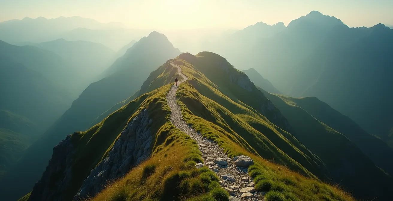 Chemin de montagne sinueux avec différents niveaux d'altitude symbolisant les étapes non linéaires de la reconstruction