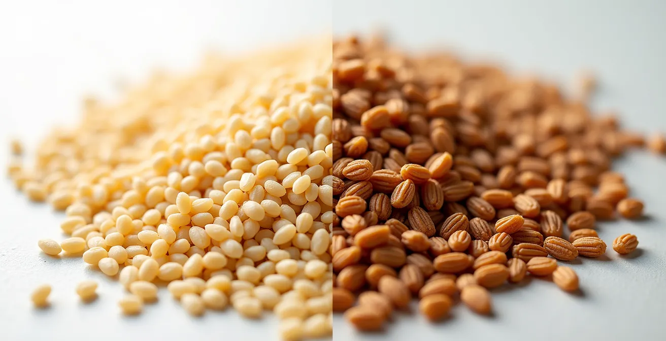 Comparaison visuelle des grains de quinoa et sarrasin avec leur structure microscopique