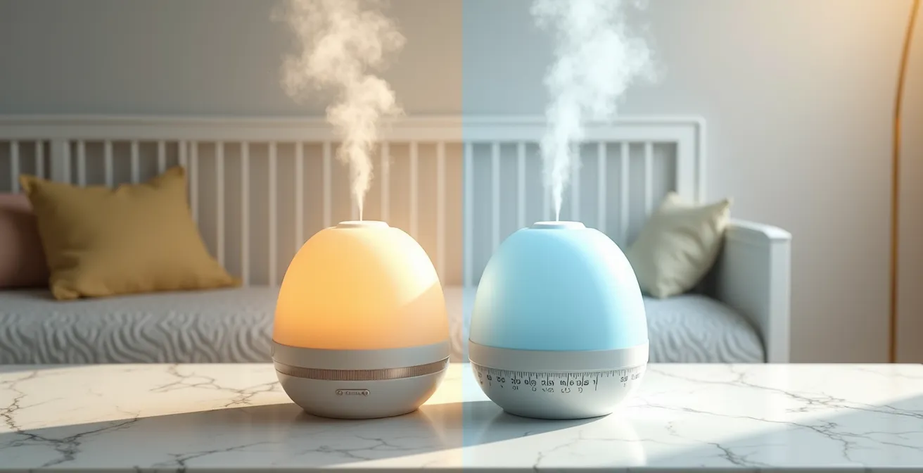 Comparaison visuelle entre diffuseur par nébulisation et diffuseur à ultrasons dans un intérieur familial