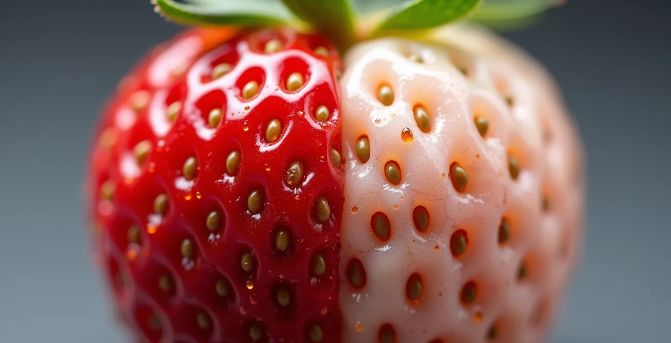 Comparaison microscopique entre une fraise mûrie naturellement et une fraise mûrie artificiellement