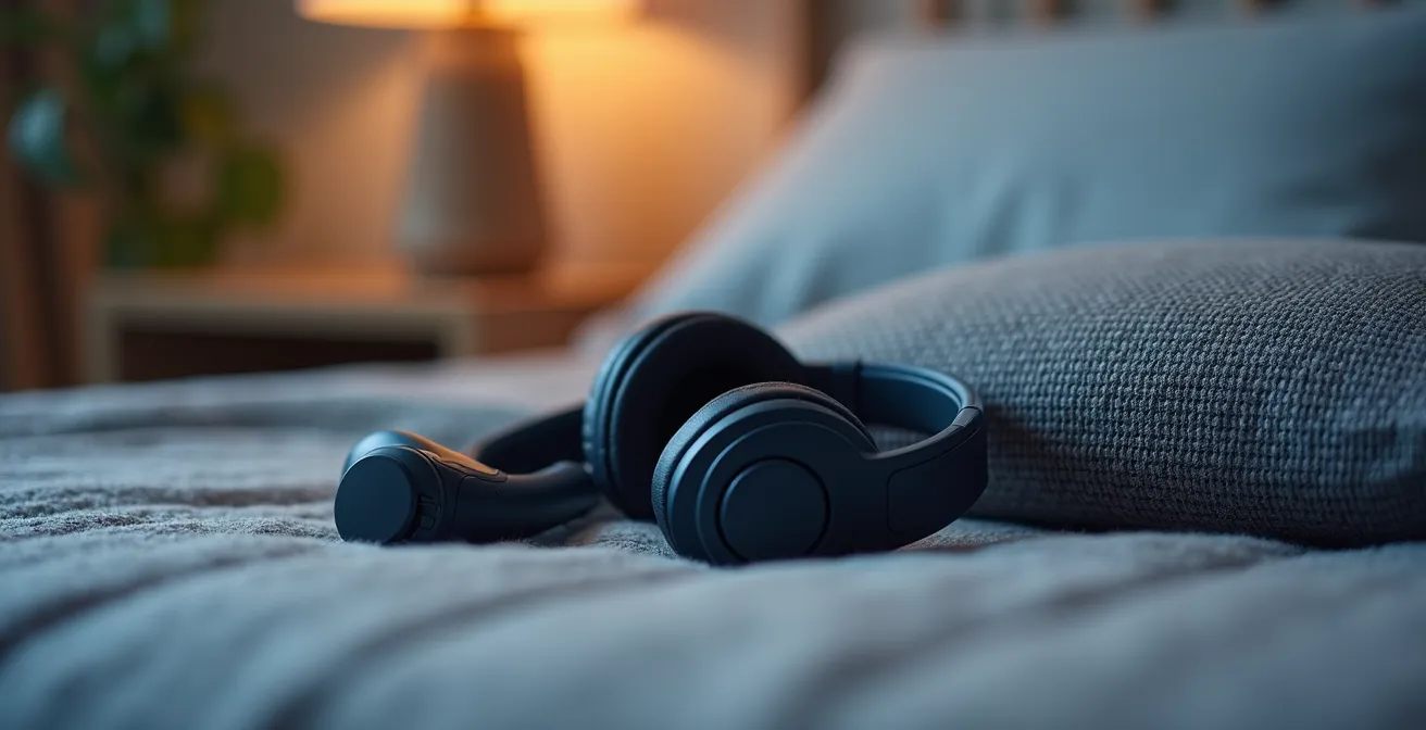 Vue macro détaillée de différents dispositifs audio pour le sommeil disposés harmonieusement