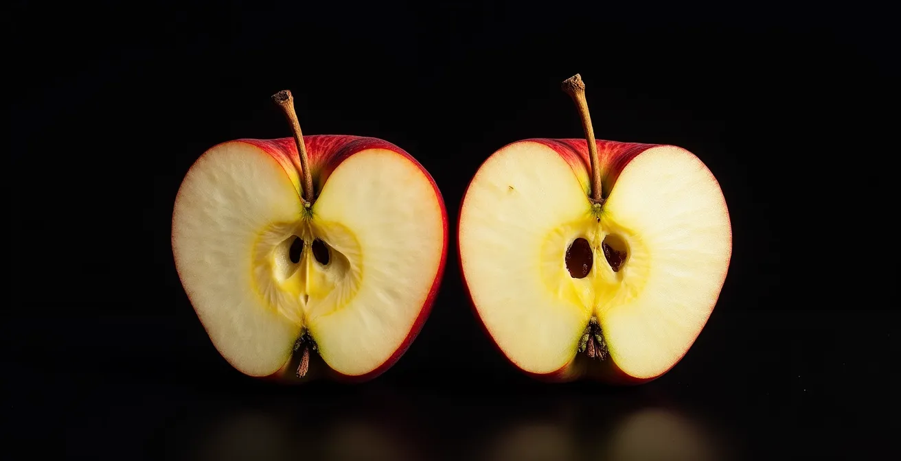 Coupe transversale de deux pommes côte à côte montrant la différence de texture et de couleur de la chair