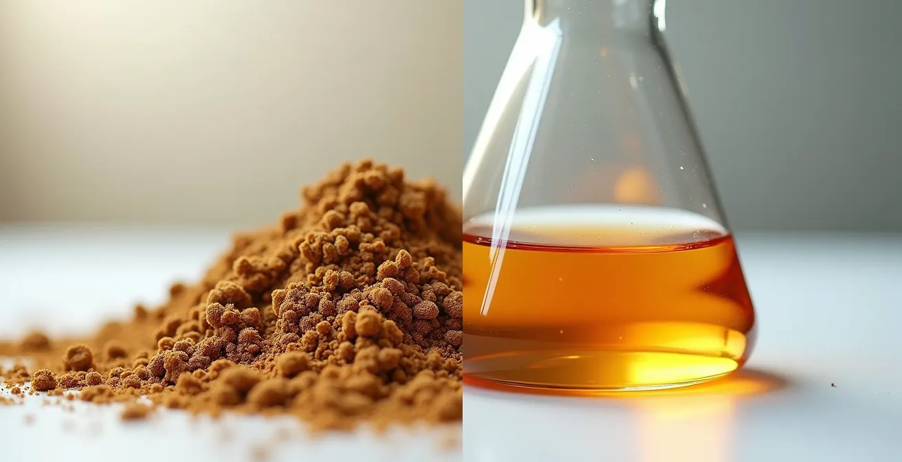 Vue macro comparative entre poudre de plante sèche et extrait liquide concentré