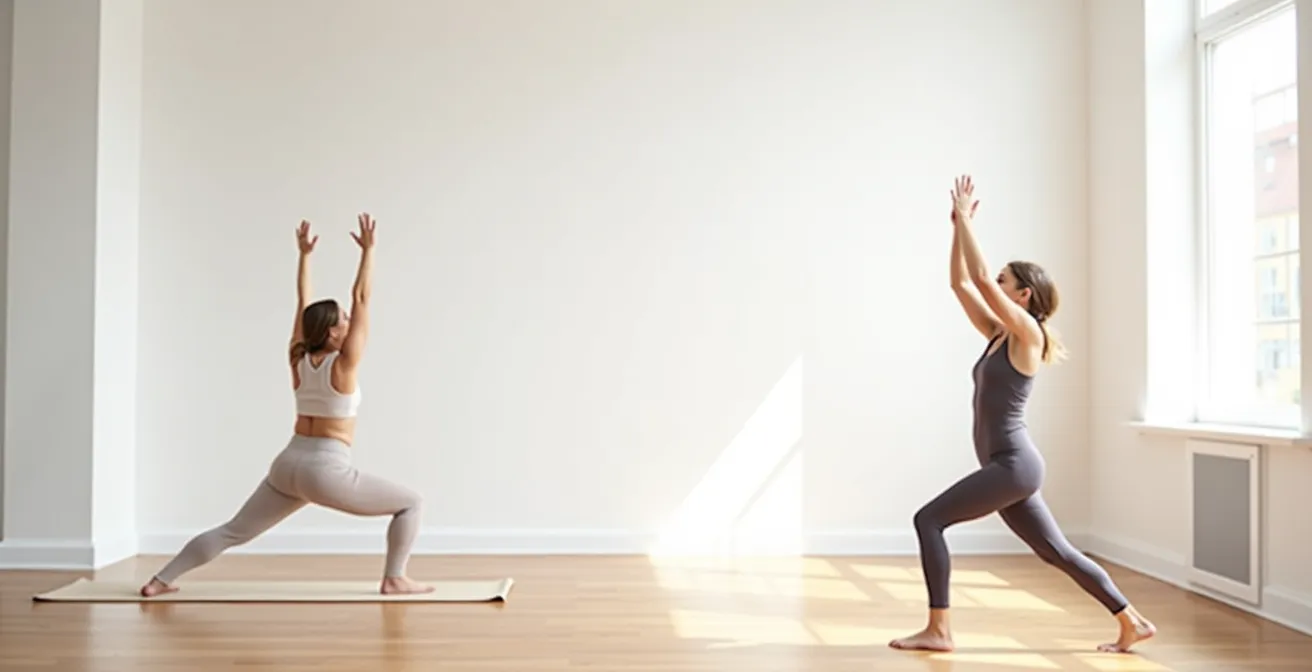 Split-screen montrant deux approches de mouvement : yoga structuré d'un côté, sophrologie fluide de l'autre