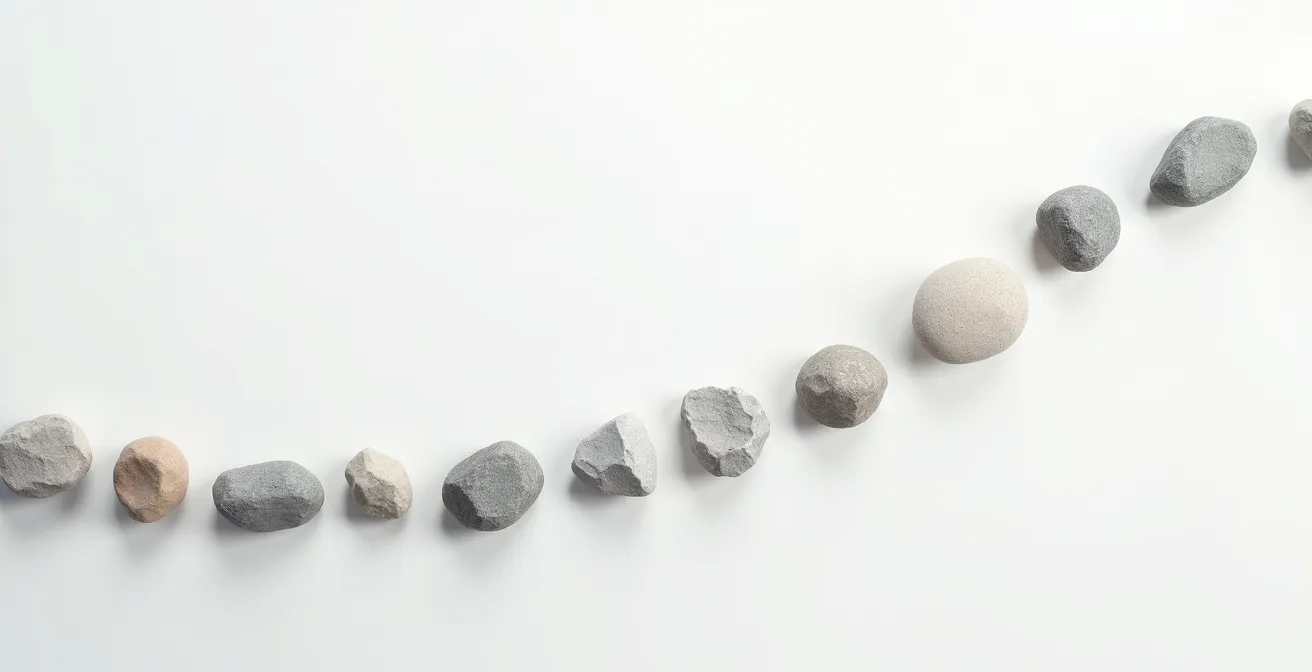 Graphique abstrait montrant une courbe exponentielle avec une zone de stagnation initiale, représentée par des objets symboliques.