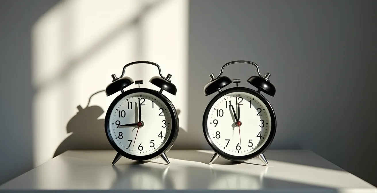 Composition symbolique montrant deux réveils côte à côte avec des heures différentes représentant le décalage week-end