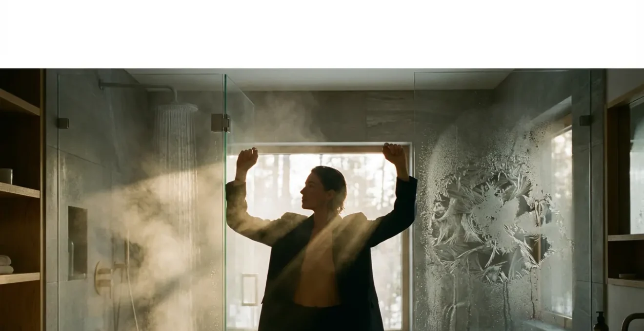Personne pratiquant la douche écossaise avec effet visuel de vapeur et de cristaux de glace suggérant l'alternance thermique