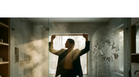 Personne pratiquant la douche écossaise avec effet visuel de vapeur et de cristaux de glace suggérant l'alternance thermique