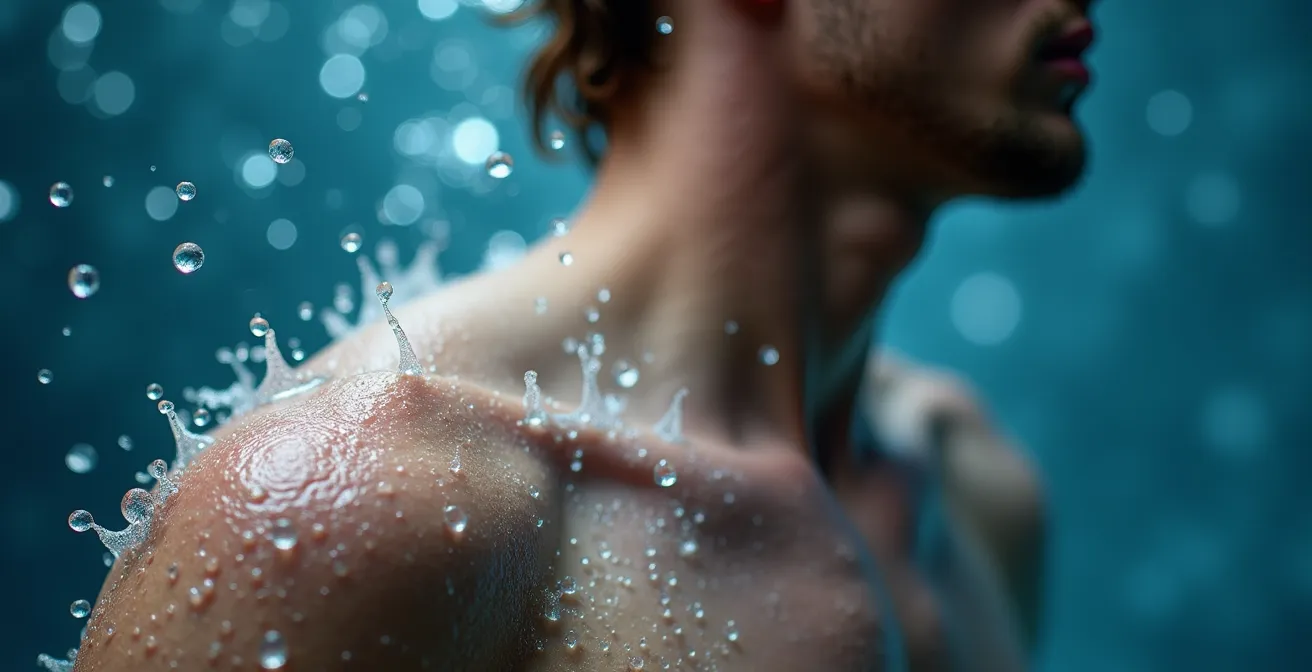 Vue macro de gouttelettes d'eau froide sur une peau humaine avec chair de poule visible