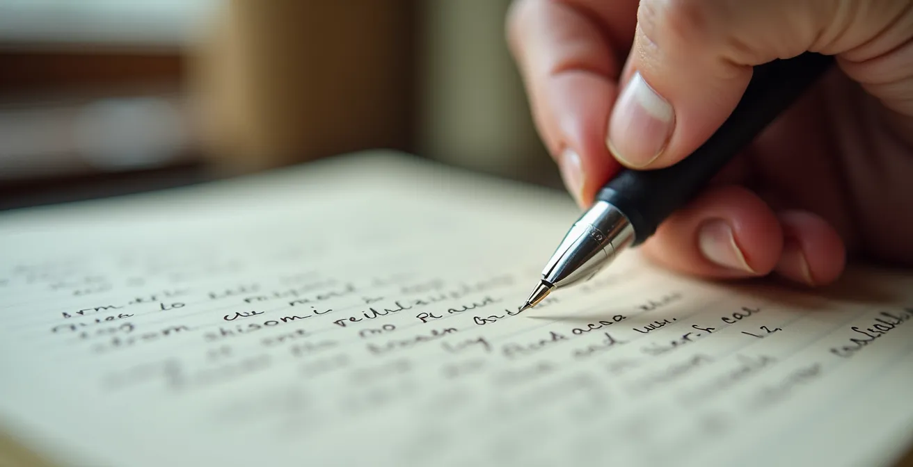 Main tenant un stylo au-dessus d'un cahier avec une écriture en perspective éloignée