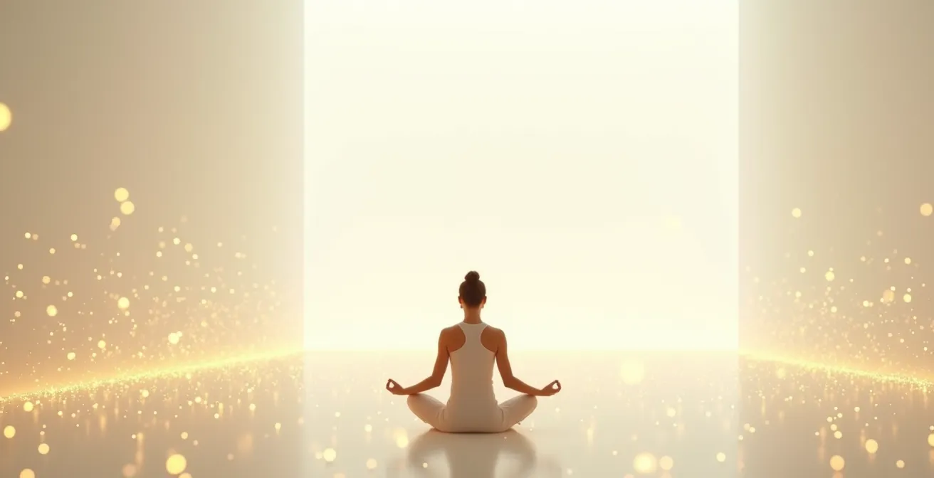 Personne en méditation entourée d'une aura lumineuse dorée symbolisant les émotions positives