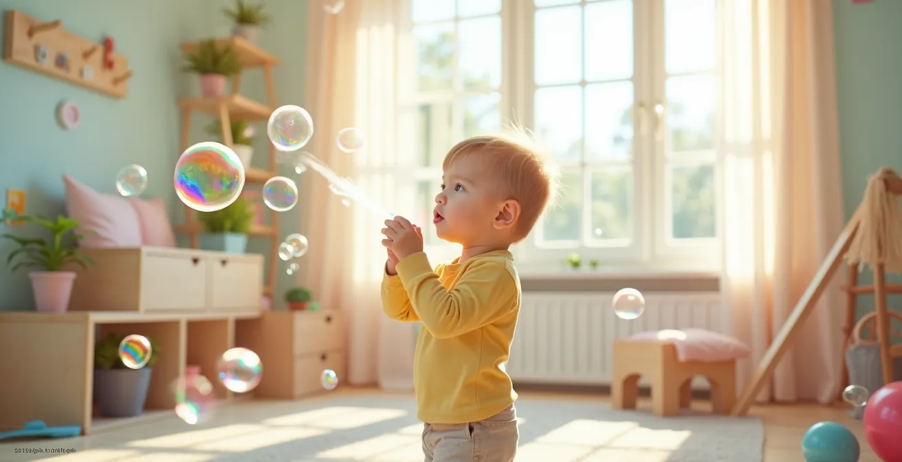 Enfant pratiquant un exercice ludique de sophrologie avec des bulles de savon