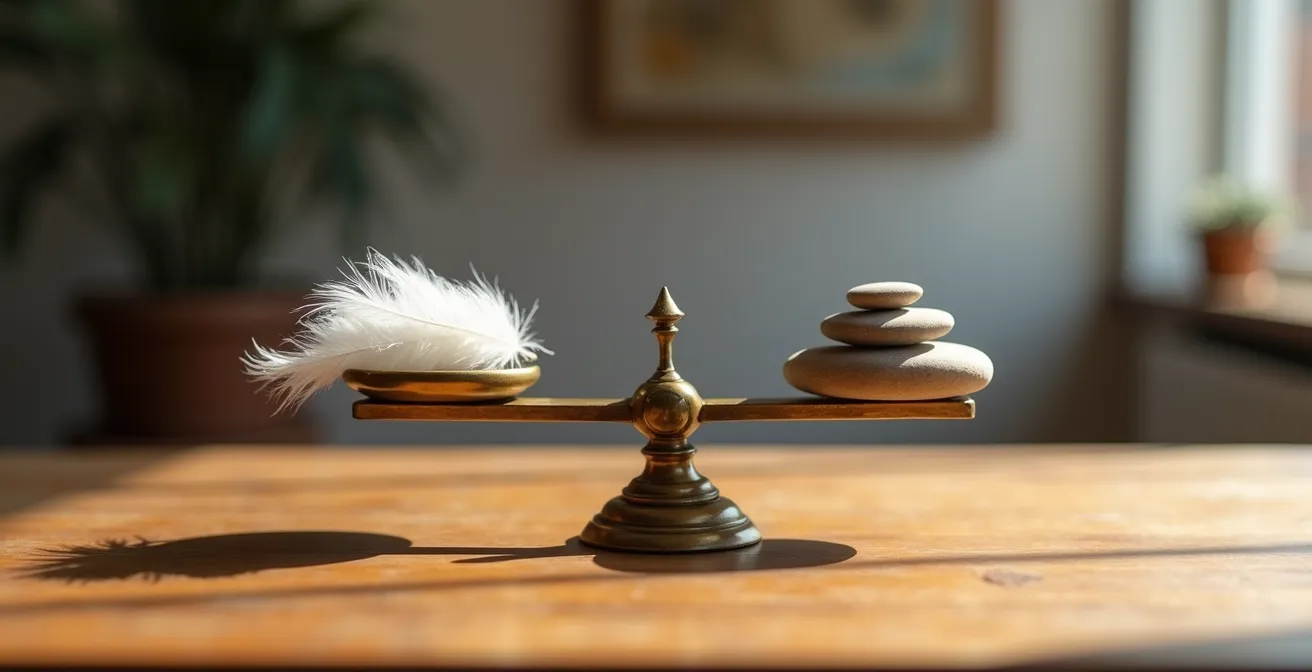 Balance ancienne en équilibre avec des plumes d'un côté et des pierres polies de l'autre, éclairage naturel dramatique