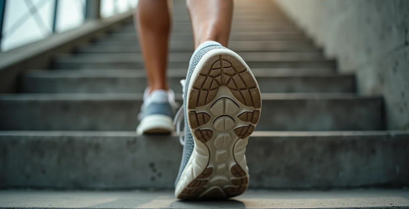 Vue macro artistique de pieds montant des escaliers avec effet de mouvement dynamique