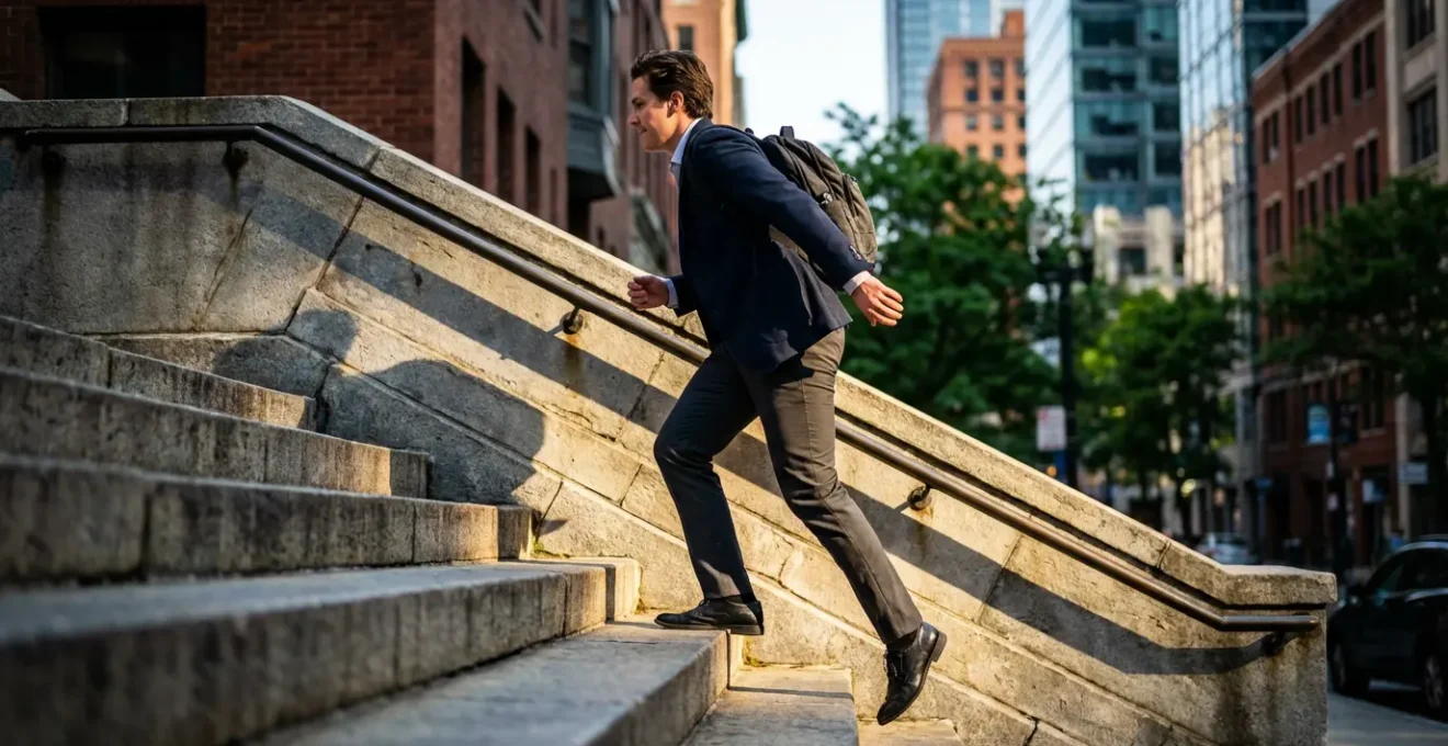 Personne montant dynamiquement des escaliers urbains pour intégrer l'effort au quotidien