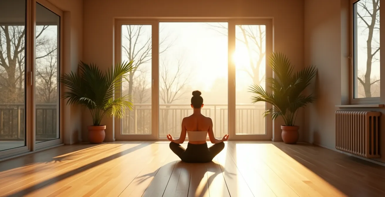 Un espace de vie minimaliste baigné de lumière naturelle avec des éléments naturels apaisants