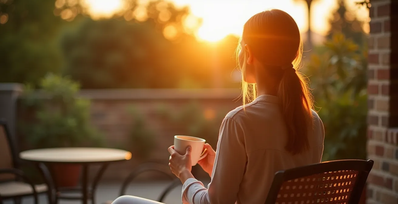 Personne prenant son café sur une terrasse ensoleillée le matin avec vue sur un jardin