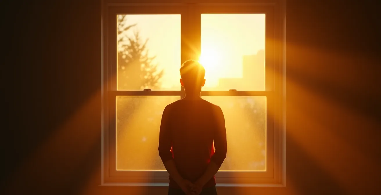 Personne baignée de lumière naturelle matinale, symbolisant la synchronisation de l'horloge biologique pour une meilleure production d'hormone de croissance.