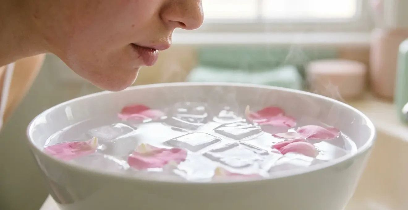 Gros plan sur un visage au-dessus d'un bol d'eau avec des pétales de fleurs flottants et de la vapeur froide