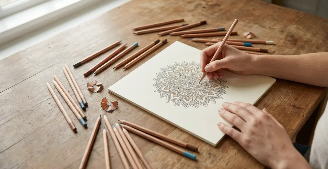 Femme concentrée coloriant un mandala complexe avec des crayons de couleur sur un bureau en bois éclairé par une fenêtre
