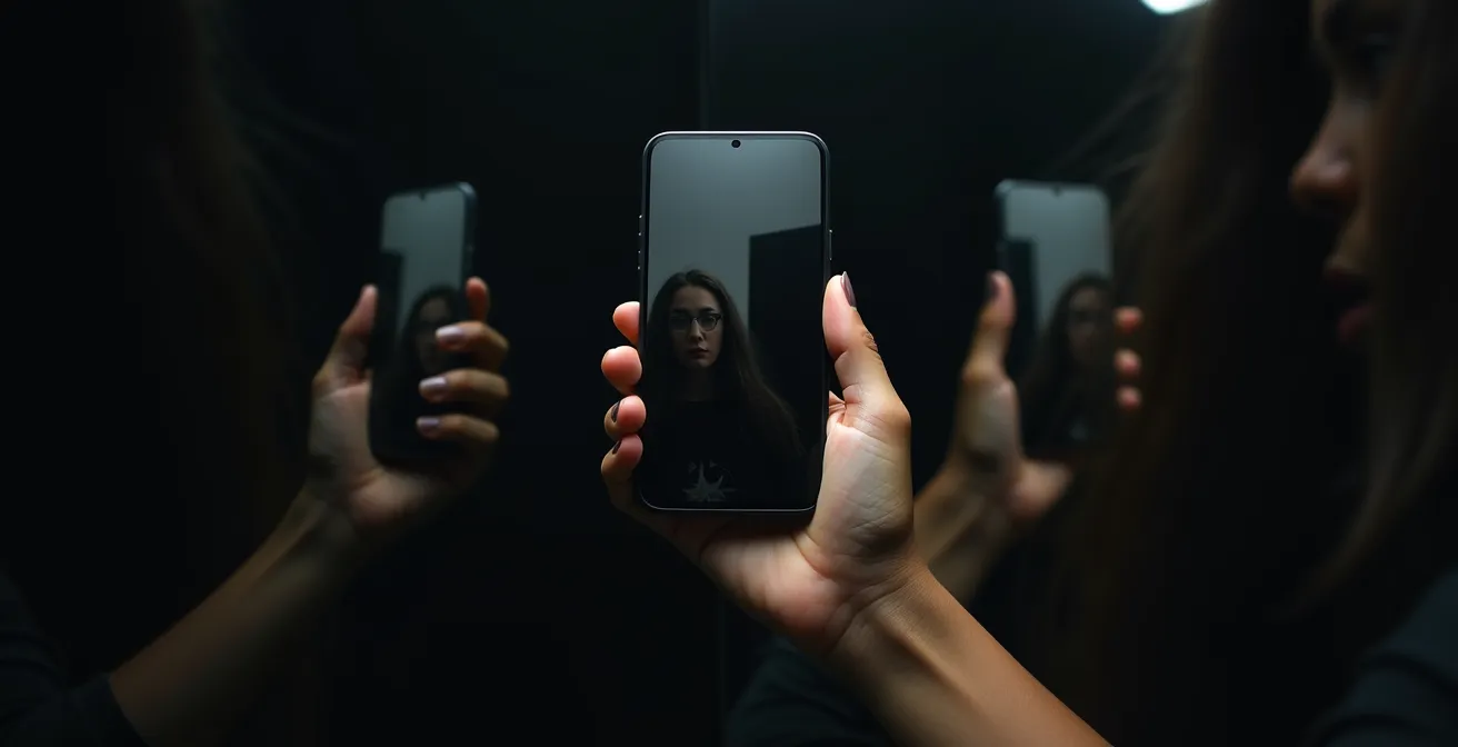 Jeune femme tenant un smartphone avec des reflets multiples symbolisant la différence entre réalité et image filtrée