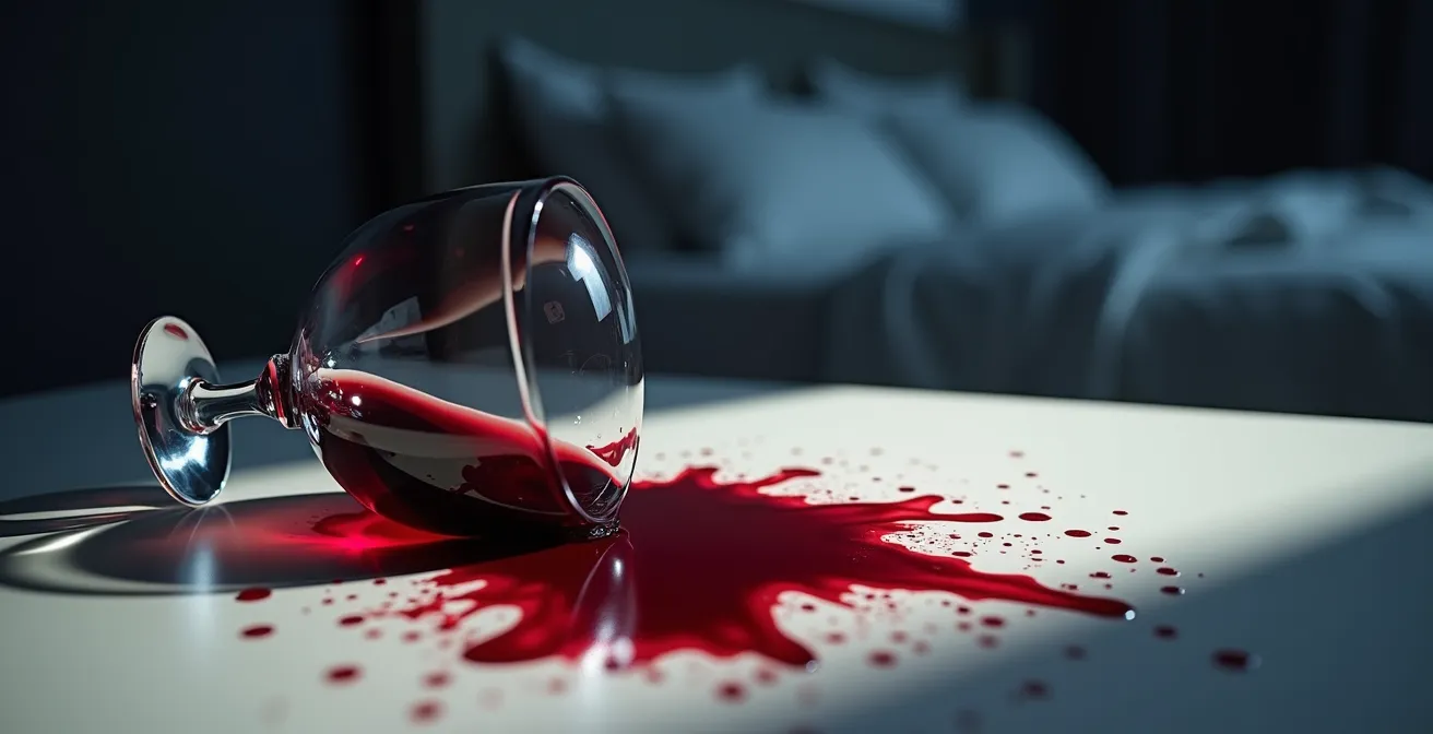 Verre de vin renversé symbolisant la fragmentation du sommeil et l'impact négatif de l'alcool sur l'hormone de croissance.