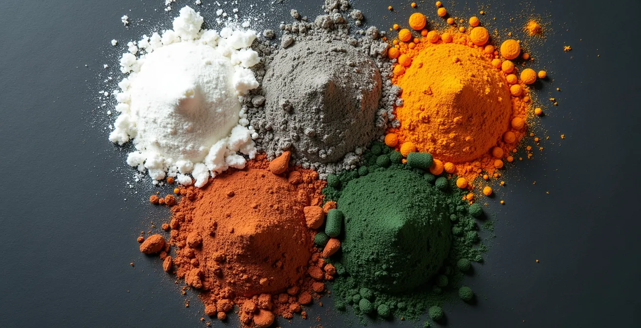 Vue macro de différents compléments alimentaires et minéraux en poudre disposés en cercles colorés qui se chevauchent