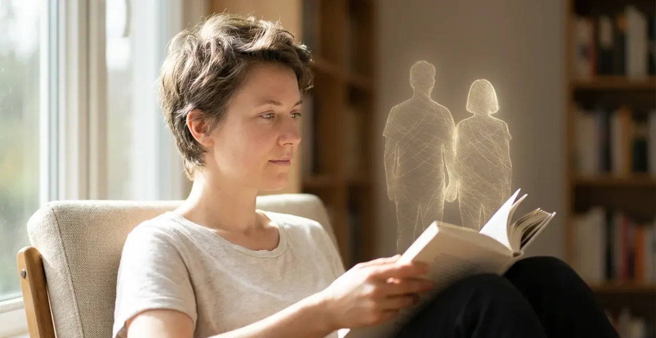 Personne lisant un roman dans un environnement chaleureux avec des éléments visuels symbolisant l'empathie et la connexion humaine