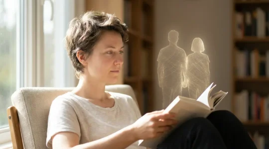 Personne lisant un roman dans un environnement chaleureux avec des éléments visuels symbolisant l'empathie et la connexion humaine