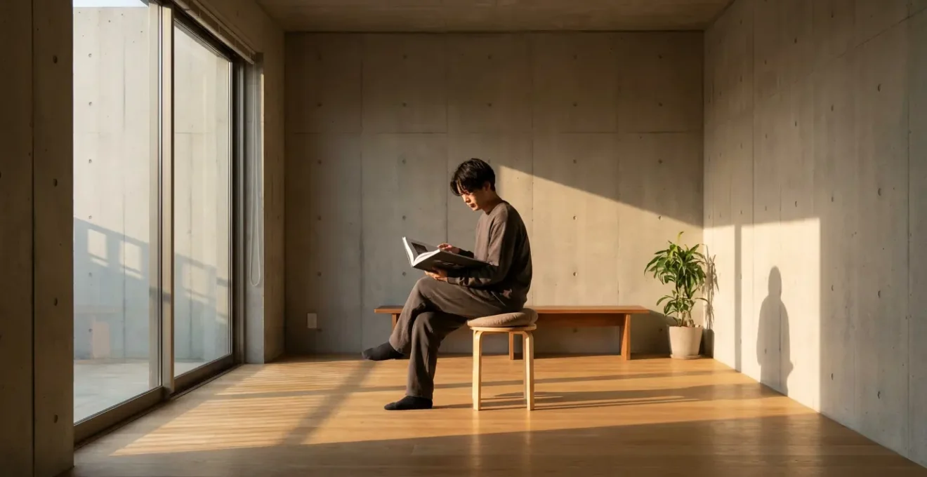 Personne lisant près d'une fenêtre dans un espace minimaliste, suggérant un isolement choisi et méditatif plutôt que subi