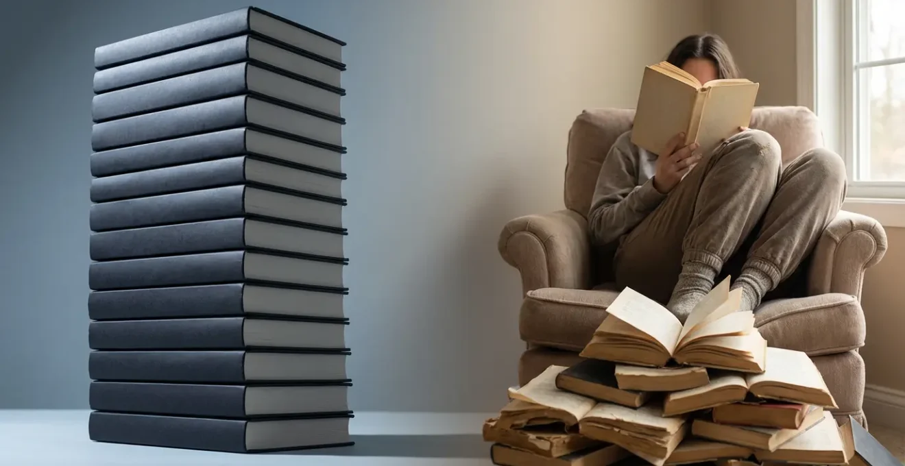 Contraste visuel entre une pile de livres de développement personnel rigides et une personne détendue lisant un roman de fiction