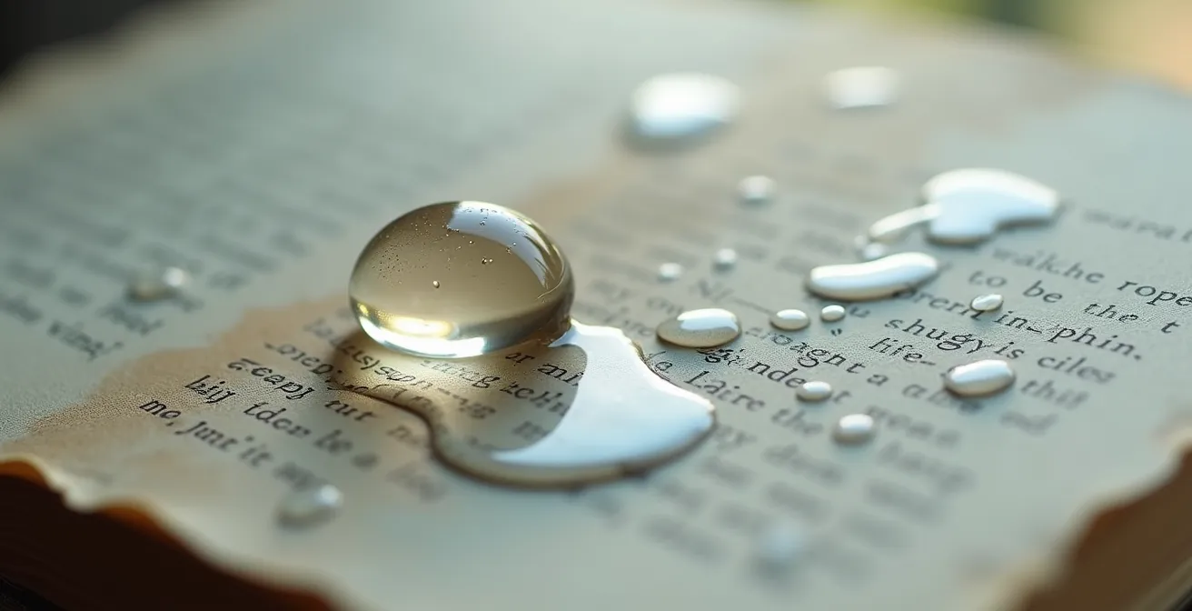 Gouttes d'eau sur une page de carnet avec effet macro