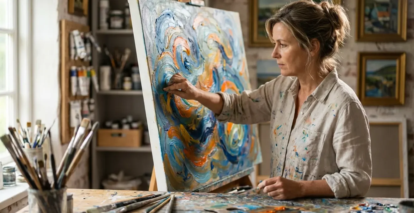 Femme concentrée peignant une toile abstraite colorée dans un atelier baigné de lumière naturelle