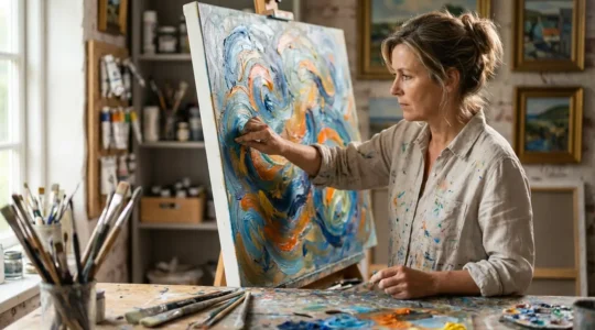 Femme concentrée peignant une toile abstraite colorée dans un atelier baigné de lumière naturelle