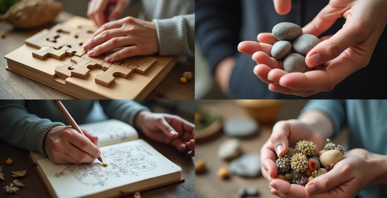 Mains engagées dans diverses activités créatives et manuelles sans écran