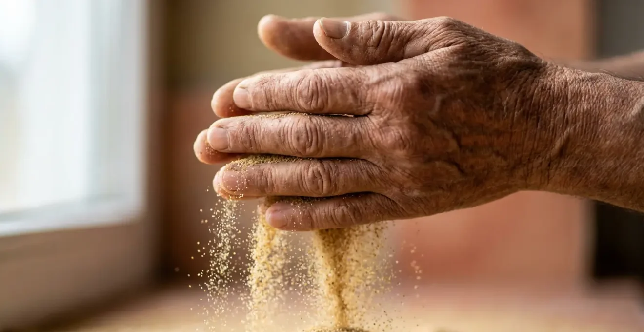 Mains ouvertes laissant s'échapper du sable fin, métaphore visuelle du lâcher-prise