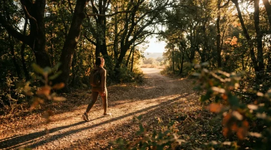 Personne en tenue de sport marchant activement sur un sentier naturel