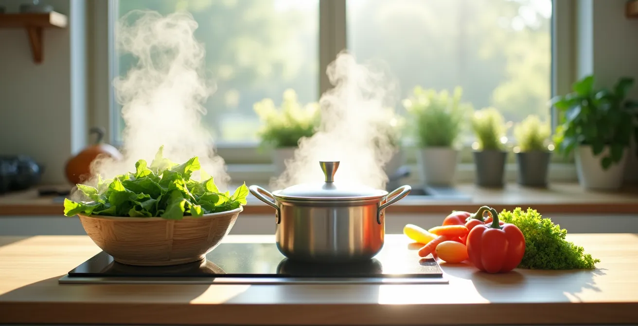 Comparaison visuelle de différentes méthodes de cuisson montrant la préservation des nutriments dans les légumes