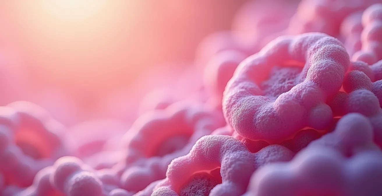 Vue macro détaillée de bactéries intestinales bénéfiques dans leur environnement naturel, représentant la diversité du microbiote