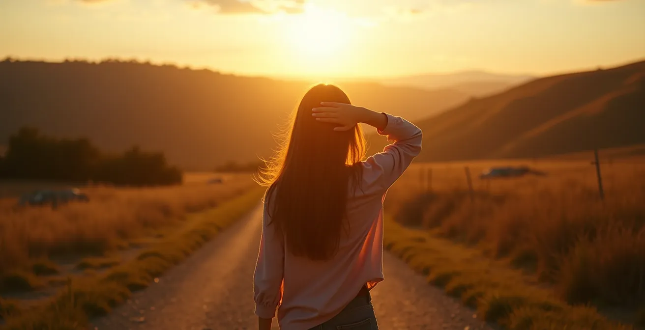 Personne à un carrefour avec plusieurs chemins possibles dans un paysage naturel épuré.