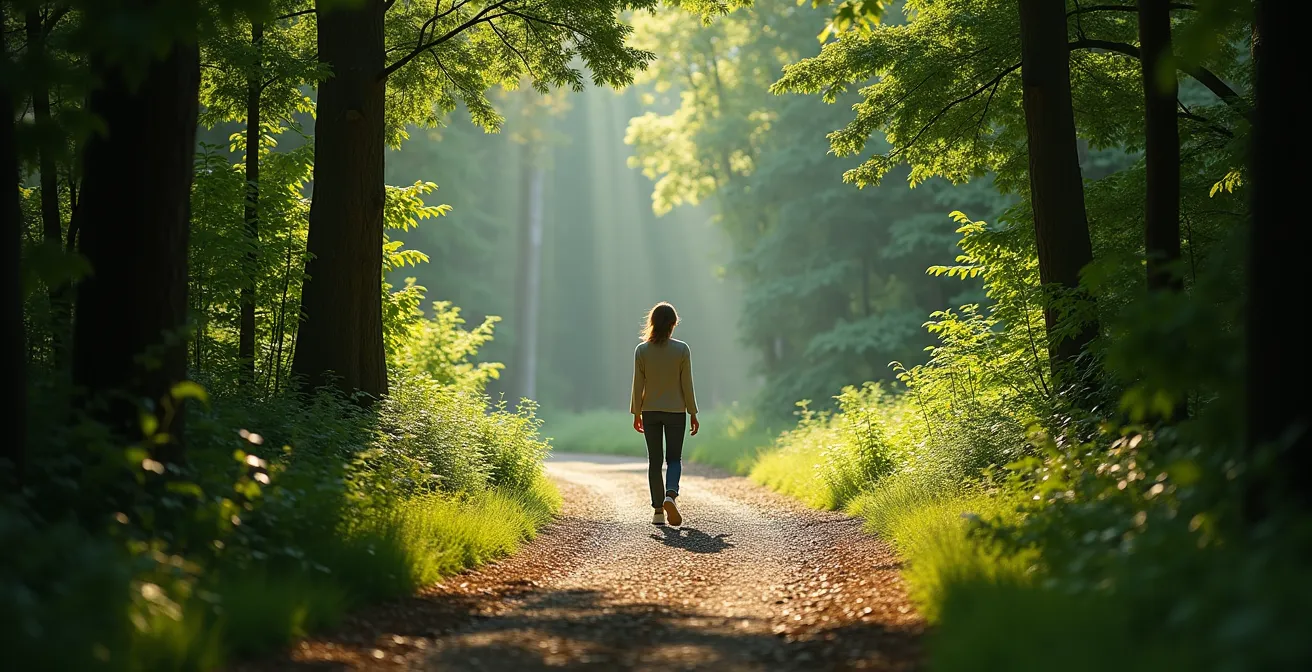 Vue large d'une personne marchant seule sur un sentier naturel entouré de verdure, symbolisant l'apaisement par le mouvement en extérieur